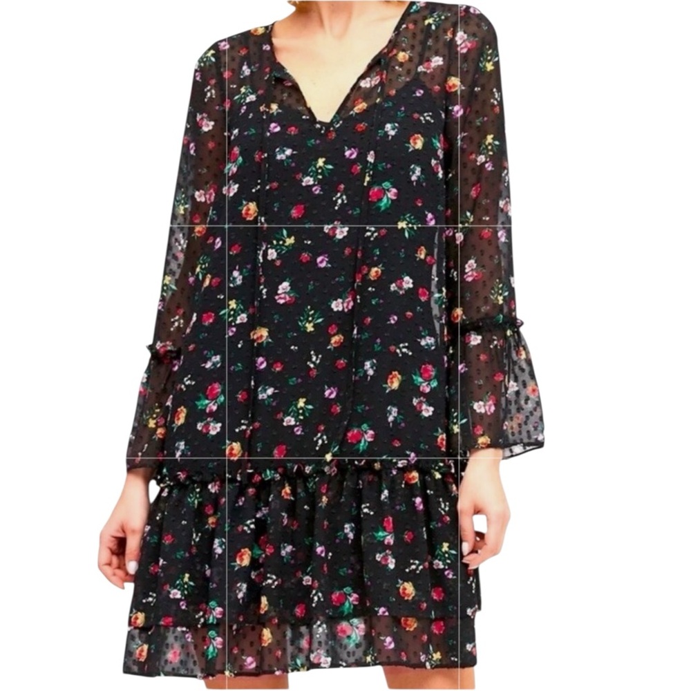 Banana Republic Black Floral Print Long Sleeve Dress